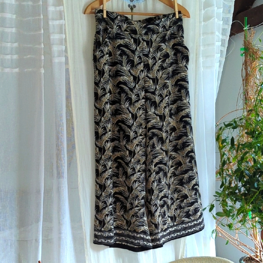 Black Tropical Palazzo Wide Leg Cropped Pants S-M Taupe Print w/ Pockets! Breezy
